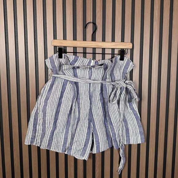 Jenni Kayne Shorts 8 / M Women Blue Striped Bermuda Waist Tie 100% Linen Ruffled